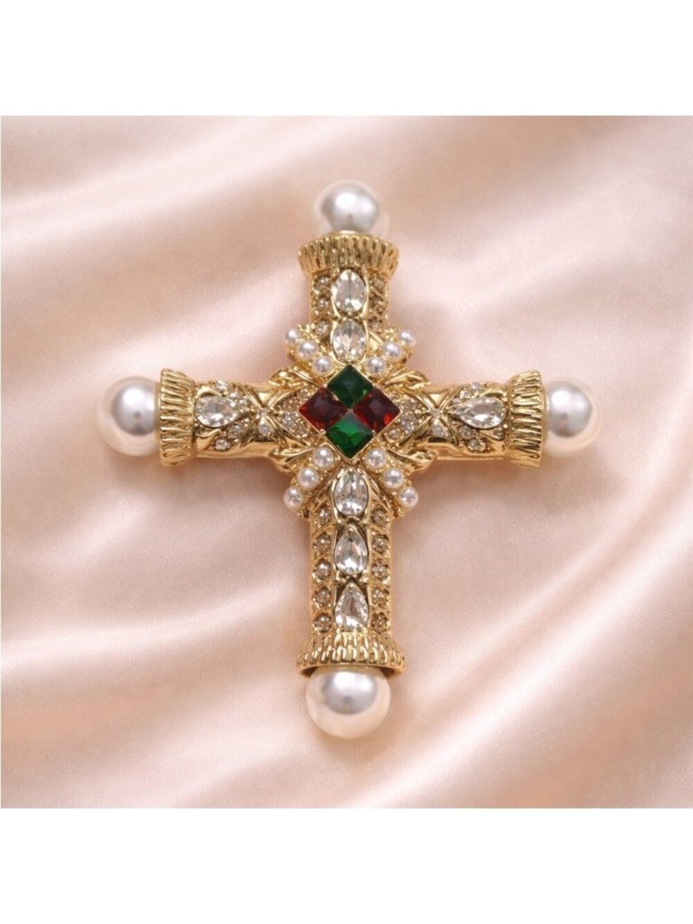 Royale Pearl Cross Crystal Brooch